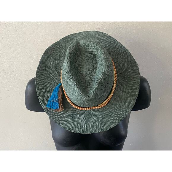 Scala Women's Beaded Band Safari Fedora Hat Tassel Green Natural One Size Boho - Picture 1 of 4